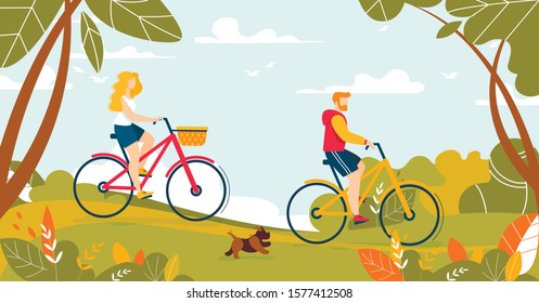 Young Family, Man and Woman Married Couple Riding Bicycle in Forest or Park. Cartoon Male and Female Characters Going on Picnic. Summertime Recreation. Happy Weekends. Vector Flat Illustration