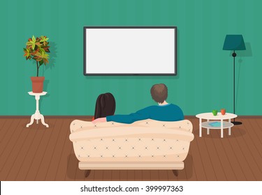 Young family man and women watching TV program together in the living room. Vector illustration. 