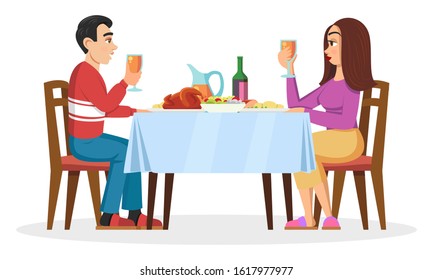 Young family, millenials, lovers having romantic dinner at home. Pretty girl and her boyfriend dating, sitting at table, eating, chatting. Vector cartoon illustration isolated on white background.