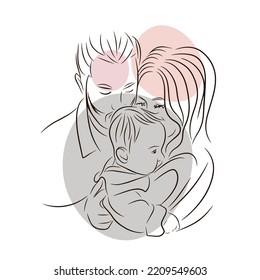 Young Family, Mom And Dad Kissing Baby, Love, Warm Feelings, Line, Outline Drawing In Doodle Style