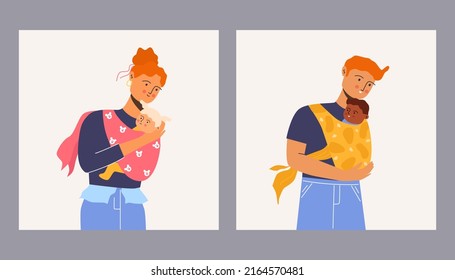 Young family. Mom holds her daughter in a sling. Dad is holding his son in a sling. Vector illustration.