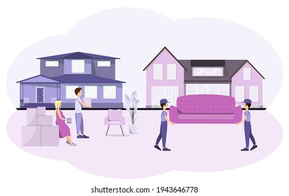 A young family moves into a new home. Boxes. Husband and wife. Pregnant woman