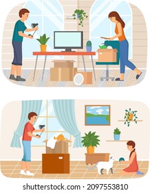 Young family moving to new house, carrying things and pet to apartment, changing place of residence. Moving to new home, relocation. Couple unpacking things after shipping. Rental of premises concept