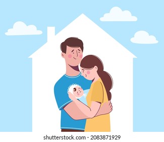 Young family with  newborn baby. Woman holds child in her arms. Family is in  new house. 