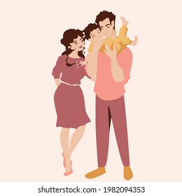 Young Family with a Newborn Laughing Baby . Father holds the kid. Both parents look with love and adore. Vector illustration. 