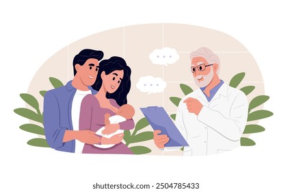 Familia joven con un recién nacido en el consultorio de un pediatra. Examen médico, chequeo de salud infantil. Concepto de consulta médica. Ilustración vectorial plana