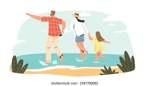 Joven familia en la playa. Alegres padres e hijas corren juntos al agua en vacaciones junto al mar en el complejo de mar tropical. Papá, mamá y su hijo viajan al océano. Dibujo vectorial plano de dibujos animados