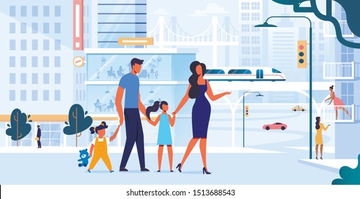 Young Family on City Walk Flat Vector Illustration. Pedestrians, Father, Mother and Daughters Cartoon Characters. Happy Couple with Little Children on Outdoor Stroll. People Spend Time Together