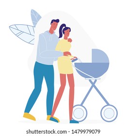 Young Family on Stroll Flat Vector Illustration. Smiling Father and Mother Cartoon Characters. Happy Parenting, Man and Woman with Baby Carriage. Married Couple with Child on Outdoor Walk