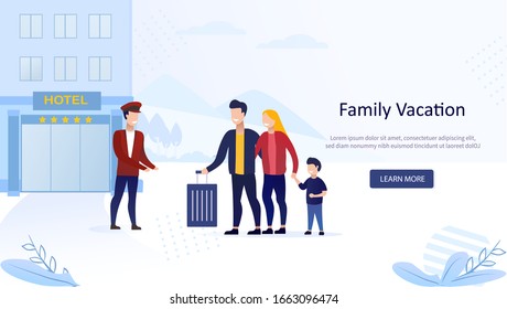 Young family on vacation. Tourists concept of lodging in hotel. Landing Page. Check into Hotel. The doorman helps with a suitcase. Flat Vector Illustration