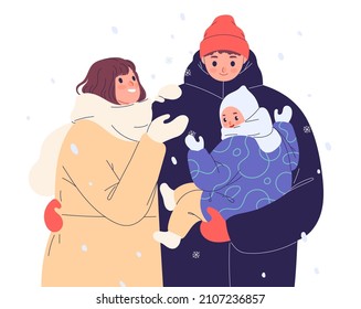 Young Family Outdoors In Winter, Man Holding Baby And Hugging His Wife