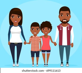 A young family. Parents hold their children's hands. Ethnic Africans. Little girl hugging her brother. Cartoon. In flat style.
