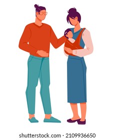 Young family - parents with newborn baby, flat vector illustration isolated on white background. Family couple with child standing together.