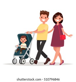 Young family. Parents with a toddler. Mom and Dad are walking with their firstborn. Vector illustration in a flat style