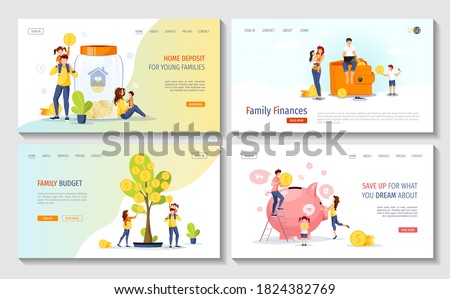 Young family with piggy bank, wallet, money tree. Profit, Money saving or accumulating, Home deposit, family budget, Family finances concept. Vector illustration. Set of web pages.