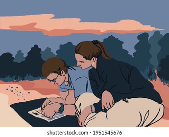 Young family planning their trip. Man and woman sitting on a beach and looking at a map. Cartoon vector illustration. Self Tourism concept