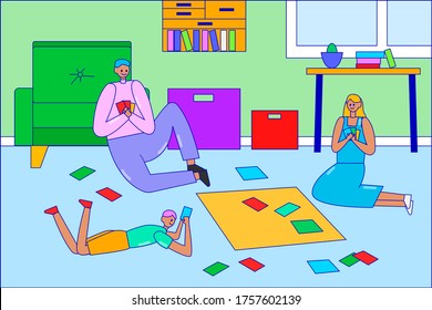 La familia joven juega al tablero en el suelo, los personajes pasan tiempo entretenidos aislados en el arte de la ilustración de un vector plano de línea blanco. Sala de estar de diseño simple, juego de cartas paternales y de cartas de juego para su hija.