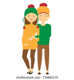 A young family. A pregnant woman who is hugging her husband. They are in warm hats and sweaters. Happy Holidays . Merry Christmas .Vector illustration.