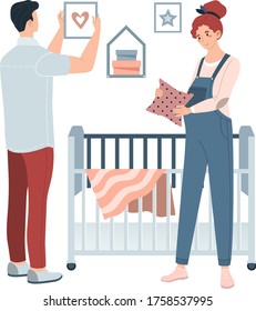 Young family prepare to birth child isolated on white, flat vector illustration. Female male character decorated children room, design cozy chamber. Lovely couple adorned kid house.