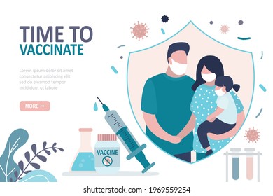 Young family protected from viruses. Parents and daughter wearing protective masks. Prevention from diseases. Syringe with medicine for covid-19. Time to vaccine. Homepage template.Vector illustration