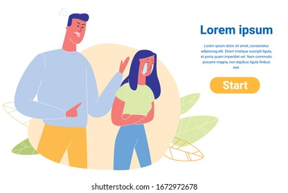 Young Family Quarrel and Swear. Aggressive Man Yelling on Crying Woman. Family Violence, Scandal between Husband and Wife. Love, Human Relations. Cartoon Flat Vector Illustration, Horizontal Banner