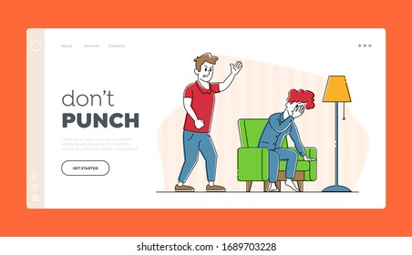 Young Family Quarrel and Swear Landing Page Template. Aggressive Man Character Yelling on Crying Woman. Family Violence, Scandal of Husband and Wife, Spousal Abuse. Linear People Vector Illustration
