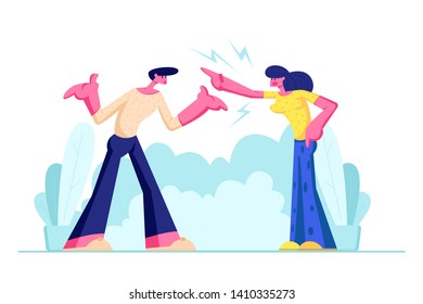 Young Family Quarrel and Swear Outdoors. Aggressive Man and Woman Yell on each other. Scandal between Husband and Wife. Love, Human Relations, Angry People Fighting. Cartoon Flat Vector Illustration