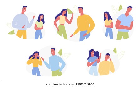 Young Family Quarrel and Swear Set Isolated on White Background. Aggressive Man and Woman Yell on each other. Scandal between Husband and Wife. Love, Human Relations. Cartoon Flat Vector Illustration