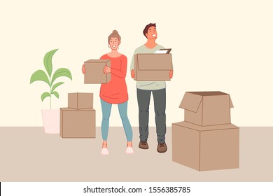 Young family, rearrangement, moving to new house, cohabitation concept. Happy, joyful girl, boy in love together move into a new apartment. Smiling couple man, woman couple delight. Simple flat vector