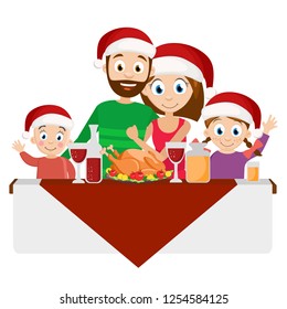Young family in red hats at Christmas dinner on a white.