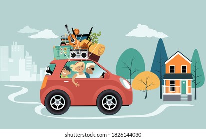 Young family relocating from a city to suburbs or a small town for remote work, EPS 8 vector illustration