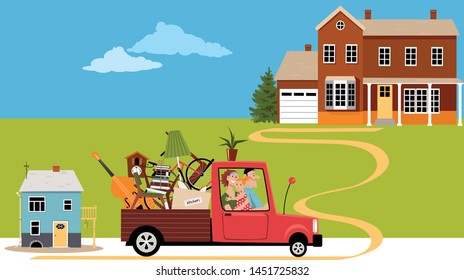 Young Family Relocating From A Small House To A New Bigger Home, EPS 8 Vector Illustration