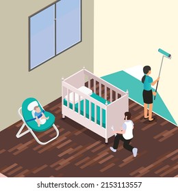 Young family renovates room and build baby cot isometric 3d vector illustration concept for banner, website, illustration, landing page, flyer, etc.