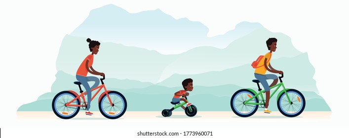 A Young Family Rides Bicycles. Mom, Dad And Their Son Ride Bikes On Nature. African American Ethnicity Family Spends Time Together Outdoors. Vector Flat Design Illustration.