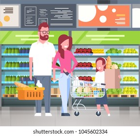 Young Family Shopping At Supermarket And Buying Products Over Shelves At Grocery Consumerism Concept Flat Vector Illustration