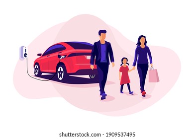 Young Family Shopping While Electric Car Is Charging On Parking Spot Near Store Shop On Charger Wallbox Station. Battery Vehicle Standing On Parking Lot Connected To Wall Box. Vector Illustration. 