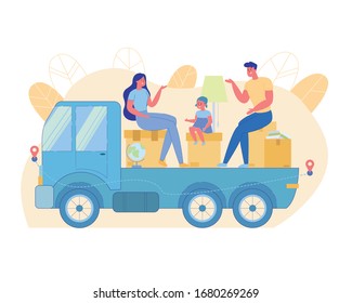 Young Family Sits on Boxes on Truck Platform. Parents and Little Daughter have Fun Talking while Transporting Things from old House to New one. Convenient Transportation Things with Residents.
