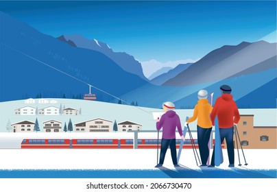  Young family at a ski resort against the backdrop of an alpine village and a cable car svg