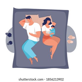 A young family sleeps with a baby. Dad and mom sleep on the bed, hugging the baby, top view. Flat vector illustration isolated on white background