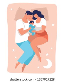 A young family sleeps with a child. Daddy and mommy are sleeping on the bed hugging the baby. Flat vector illustration isolated on white background