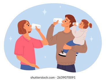 Young family with small child drink clean water from glass cups. People hydration. Parents together with kid quench thirst. Healthy fresh beverage. Pure liquid