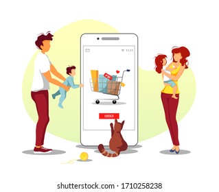 Young family and smartphone with shopping cart on the screen. Family store, Online Shopping, Home delivery concept. Vector illustration for poster, banner, advertising, commercial.