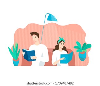 Young family spending free time together, man and woman reading the books. Modern flat vector illustration for design templates, banners, apps, landing pages.