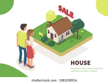 Young family standing near house for sale. Flat isometric vector illustration isolated on white background.