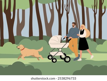 Família jovem passeia por uma floresta exuberante, com um homem empurrando um carrinho de bebê, uma mulher caminhando ao lado e um cachorro amigável acompanhando-os. Esta ilustração vetorial plana, alegre aventura ao ar livre.