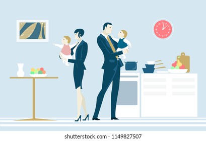 Young family of successful of business people sharing the duty on the kitchen. Man and woman equally looking after the kids and sharing responsibility. 
