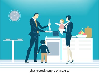 Young family of successful of business people sharing the duty on the kitchen. Man and woman equally looking after the kids and sharing responsibility. 