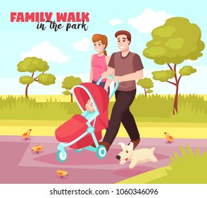 Young family summer walking in park with doggy and sleeping in pram baby poster vector illustration 