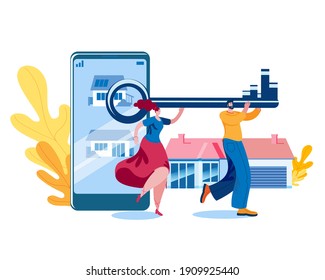 A young family takes out a house key from a smartphone. Vector illustration on the topic of buying or renting a house.