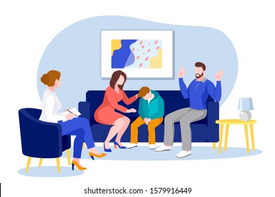 Young family with teenage boy in office of family therapist or psychologist. Vector flat cartoon illustration. Psychotherapy, psychological counseling, mental problem decision concept.